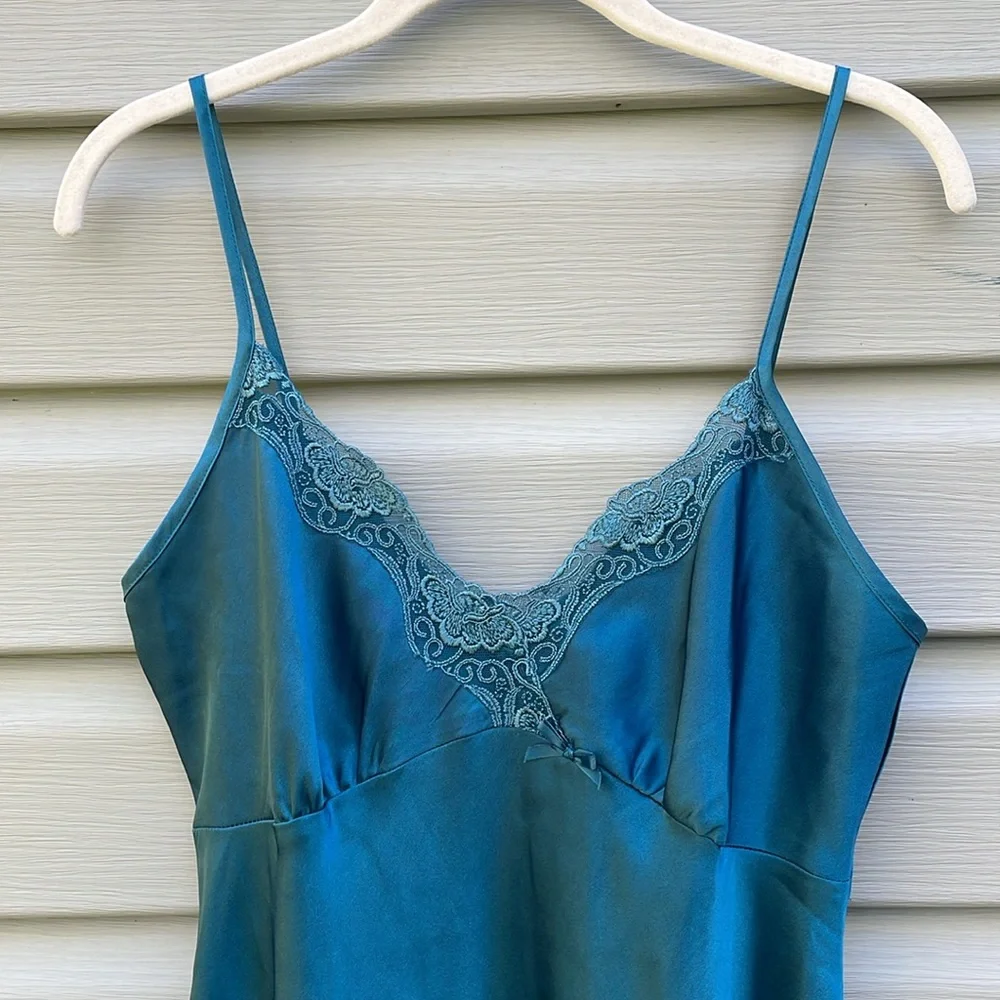 Teal Silky Lace Trim Slip Nightgown